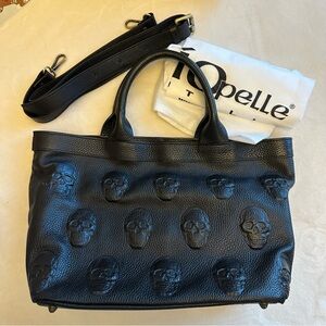 IO Pelle Italia skull embossed black leather tote handbag